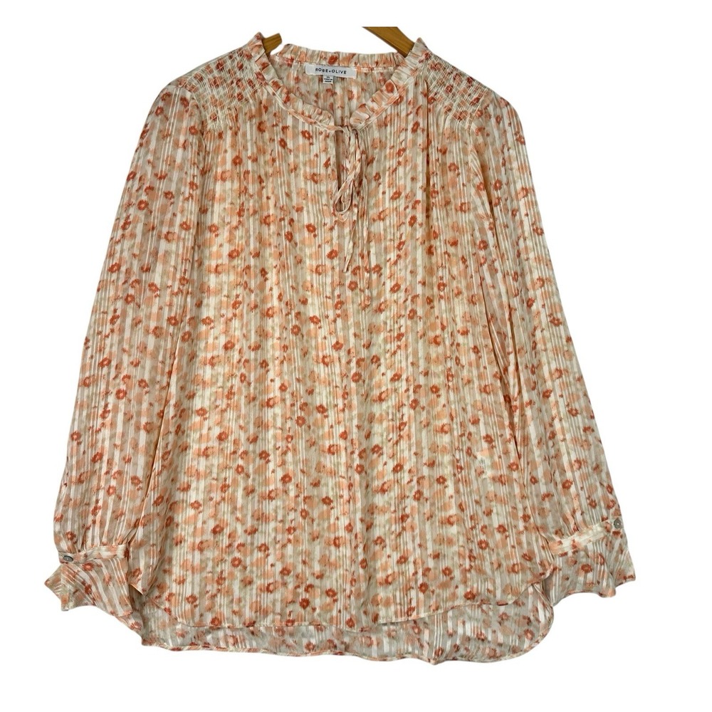 Rose + Olive Floral Pleated Blouse XL Boho Peasant Long Sleeve Tie Neck Top